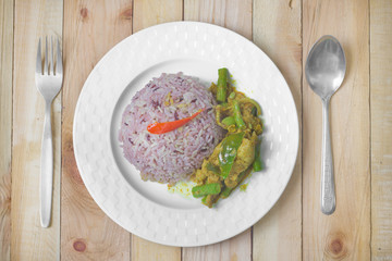 Spicy pork curry and rice, Thai food.