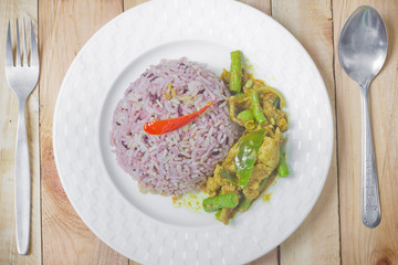 Spicy pork curry and rice, Thai food.