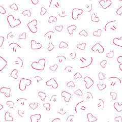 Beautiful cute seamless pattern with hearts and smile. Continuous pattern, background for printing. Vector in flat style.