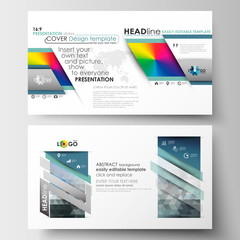 Business templates in HD format for presentation slides. Easy editable layouts in flat design. Abstract triangles, blue triangular background, modern colorful polygonal vector.
