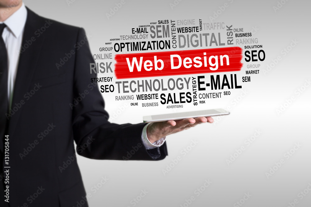 Wall mural web design concept. man holding a tablet computer