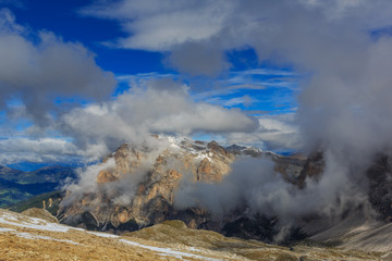 Fototapeta na wymiar View over Falzarego Pass to Cinque Torri, Alta Badia, Dolomites, South Tyrol, Italy 
