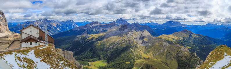 View over Falzarego Pass to Cinque Torri, Alta Badia, Dolomites, South Tyrol, Italy

