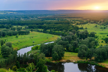 Fototapeta na wymiar Aerial Beautiful evening landscape near the river.
