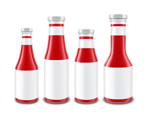 Vector Set of Blank Glass Red Tomato Ketchup Bottles of different Shapes for Branding with White labels Isolated on White Background