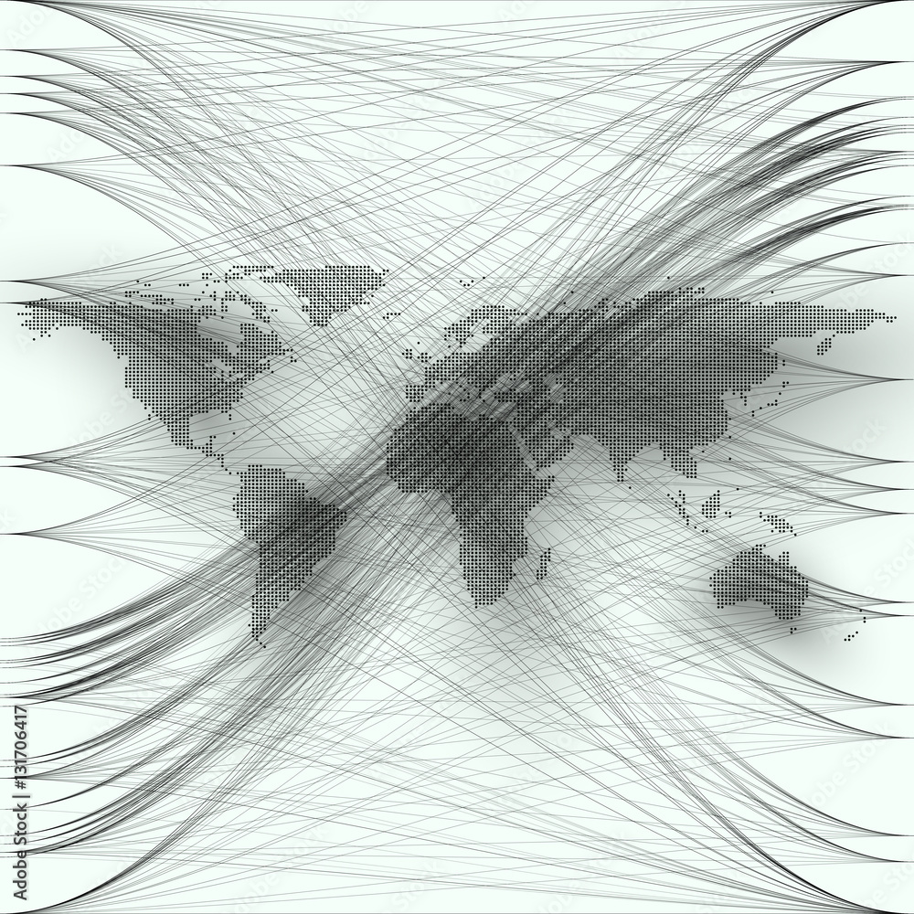 Poster black color dotted world map with abstract waves and lines on white background. motion design. gray 