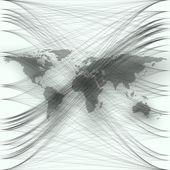 Black color dotted world map with abstract waves and lines on white background. Motion design. Gray chaotic, random, messy curves, swirl. Vector decoration.