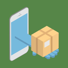 Obraz premium The concept of delivery of goods. Delivery interent via mobile phone. Vector isometric