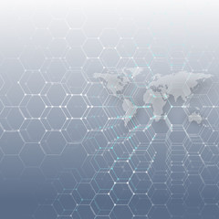 White dotted world map, connecting lines and dots on blue background. Chemistry pattern, hexagonal molecule structure, medical research. Medicine, technology concept. Abstract design vector.