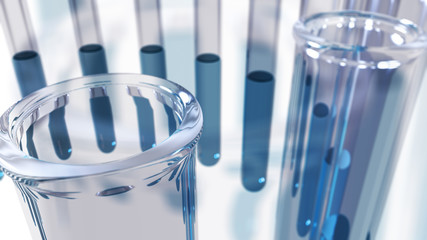 Glass laboratory test tubes in groups
