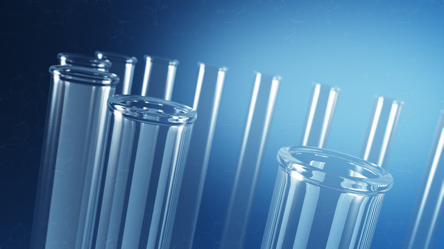 Glass laboratory test tubes with science background
