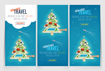 Naklejka premium Three New Year and Christmas Vacation Holiday banners. Island in the form of a Christmas tree. Top view of the island. Special offer, Holiday trip. sale and discount. Travel and tourism.