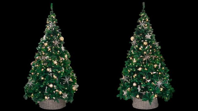 2 beautiful New Year decorated trees with glowing colorful lights, green shiny Christmas fir with balls, stars and sparkles, isolated on alpha channel with black and white matte, seamlessly looped