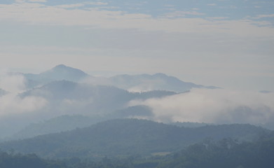 cloudy and mist floating cover mountain in sunny day