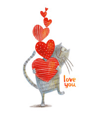 Cat with hearts. Hand drawing illustration - 131708854