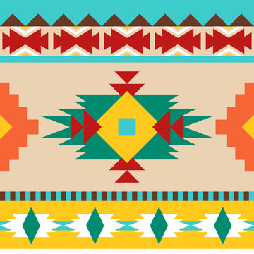 Seamless geometric ethnic pattern. Elements of traditional Native American ornament. Image in warm colors for design and textile items in the style of boho and folk.