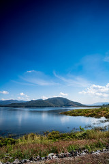 Lake with mountain and blue sky background