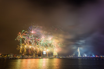 Fireworks to celebrate New Year on Riga. Latvia. 