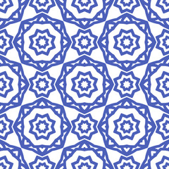 Simple seamless pattern with a blue pattern on a white background in the form of rosettes. Retro backdrop geometric and stylized flowers.