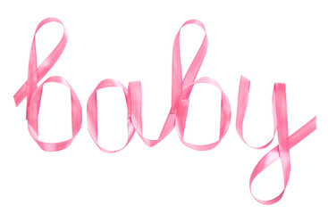 Obraz na płótnie Canvas The word baby written in pink ribbon for gifts. The white background isolated