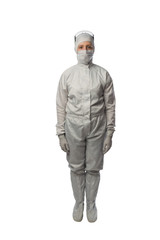 Fototapeta na wymiar woman in a protective suit stands exactly on a white background