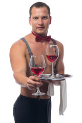 bartender gives red wine to you on a white background