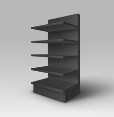 Black Blank Empty Exhibition Trade Stand Shop Rack with Shelves Storefront Isolated on Background