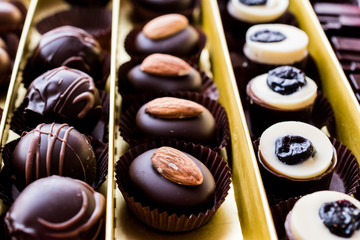 Variety Chocolate pralines in box.