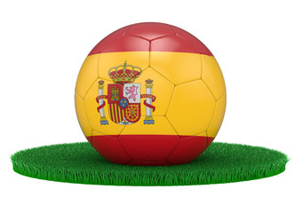 Soccerball, Football with Spain flag on gras, 3D-Rendering