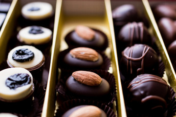 Variety Chocolate pralines in box.
