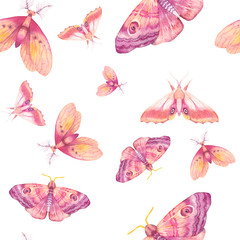 Watercolor butterfly seamless pattern. Hand drawn summer texture with various multicolor butterflies on white background. Repeating wallpaper design