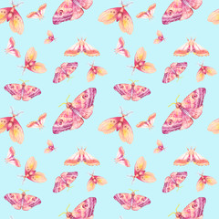 Watercolor spring seamless pattern. Hand drawn summer texture with various multicolor butterflies on blue background. Repeating wallpaper design