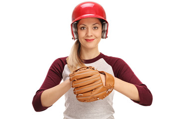 Female baseball player with a glove