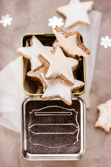 Christmas cinnamon star cookies. Zimtsterne. Top view.