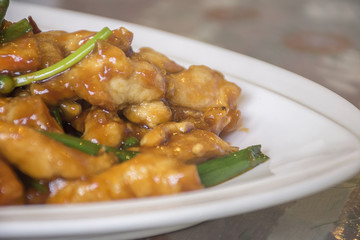Sesame chicken with Rice. Traditional thai food on dish. Selective focus.