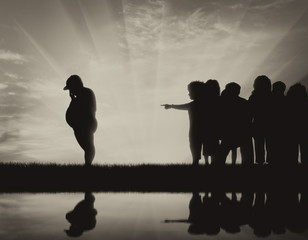 Silhouette thick child and crowd of people evicted day