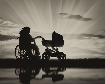 Woman in wheelchair and baby stroller near water and reflection