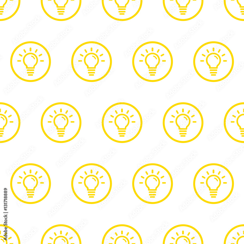 Poster vector illustration of seamless pattern with yellow bold icons in flat line style. linear bulb. use 