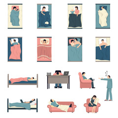 Sleeping People Flat Icons Set 