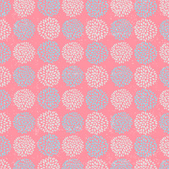 Vector floral pattern with beautiful blue circle flowers, made of petals on pink background.