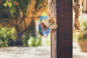 dried pumpkin and garlic hanging from column