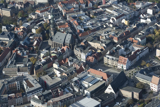 Germany, Zwickau, aerial view of old town with St Mary's Cathedral