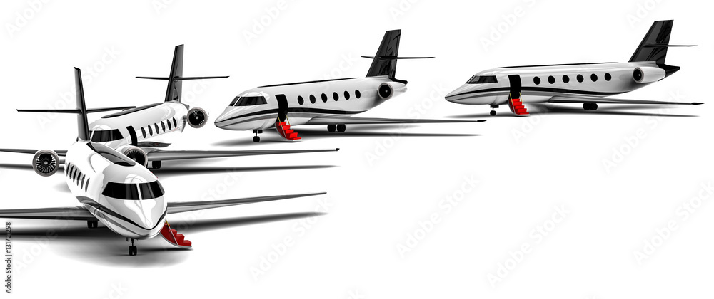 Poster red carpet private jet fleet / 3d render image representing a private jet fleet