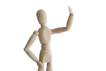 Wooden mannequin with selfie pose