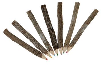 Colored pencils made from real wood on white background.