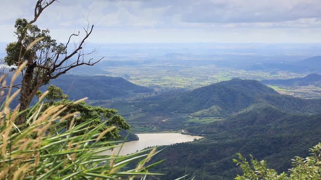 Panoramic video shot of tropical landscape with mountains and rivers in Lam Dong area, Vietnam
