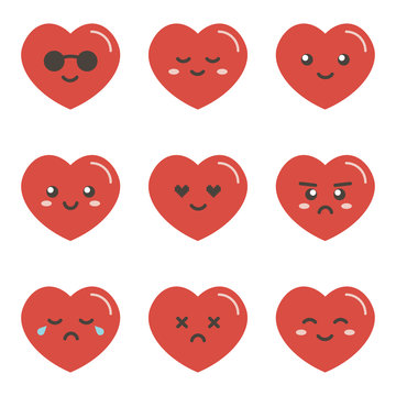 Set, collection of flat design emoji red hearts isolated on white background.