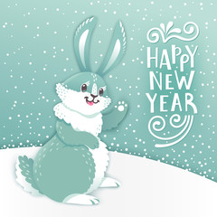 Card Happy New Year with cartoon rabbit. Funny bunny. Cute hare, snow and greeting text. Vector illustration