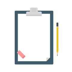 Clipboard with blank sheet of paper, a pencil and the eraser.
