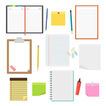 Set of vector notebooks, diaries and sheets of paper